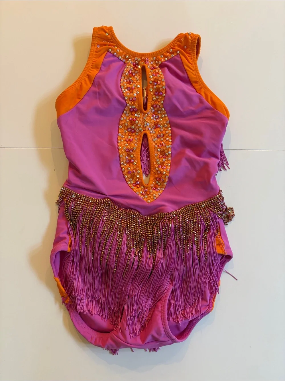 Girls Pink & Orange Sequin Fringe Dance Leotard